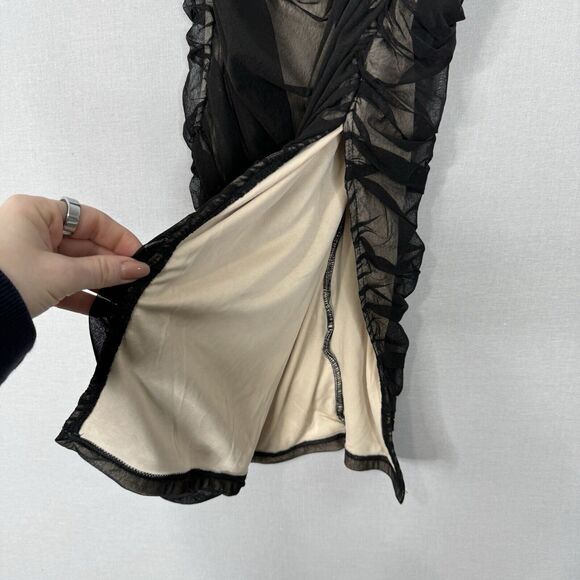 Lulus Womens Dress M Black V.I.P. Treatment Mesh Ruched Bodycon Midi Dark Y2K - Picture 4 of 13